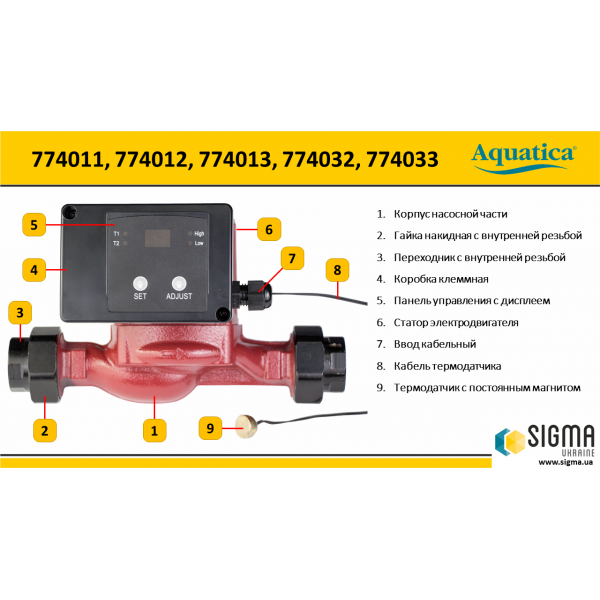 Насос циркуляционный с термодатчиком 65Вт Hmax 4м Qmax 63л/мин Ø1